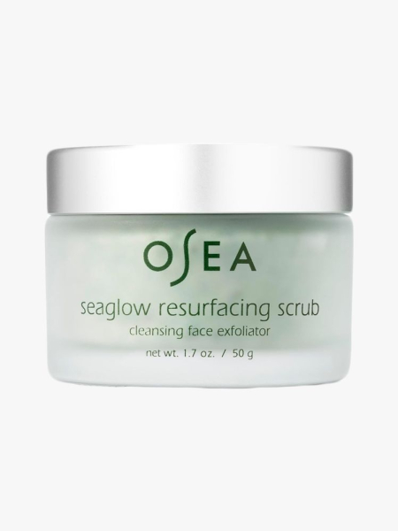 Osea Seaglow Resurfacing Scrub in branded tub component on a light gray background